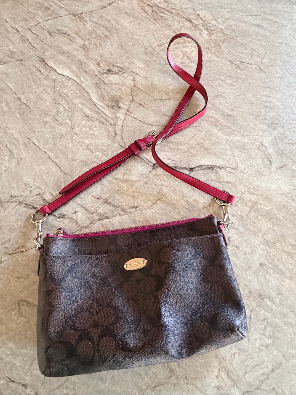 Coach Dark Brown Signature Crossbody with Pink Strap